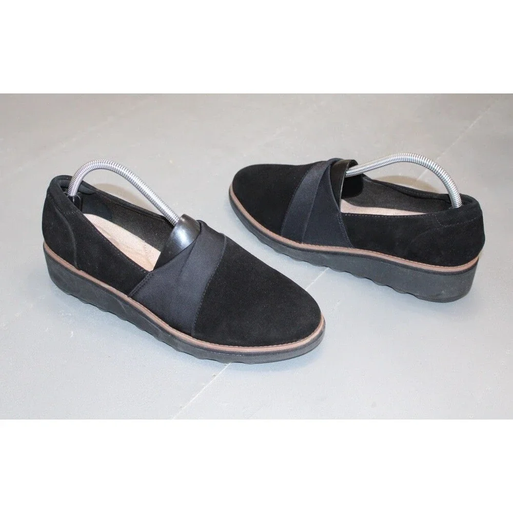 Clarks Sharon Pump Black Suede Slip On‎ Comfort Loafers Womens Size 10 Wedge